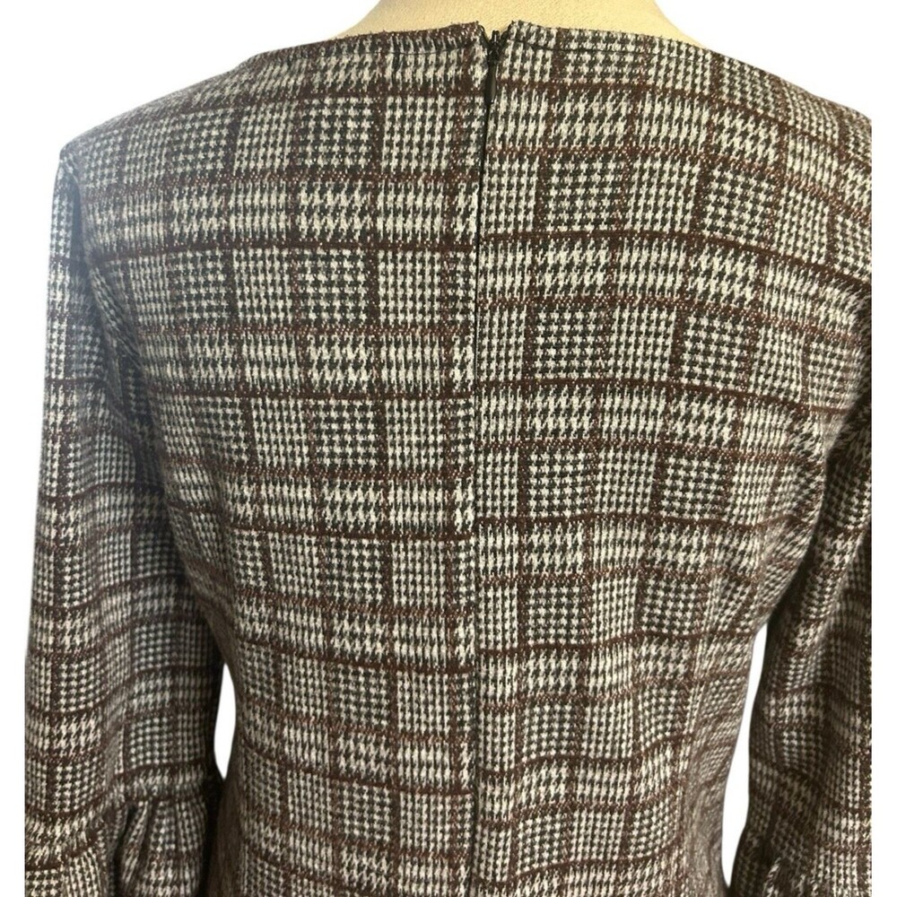 Nina Leonard Womens S Plaid Brown Gray 3/4 Balloon Sleeves Shift Stretch Dress - Picture 7 of 9